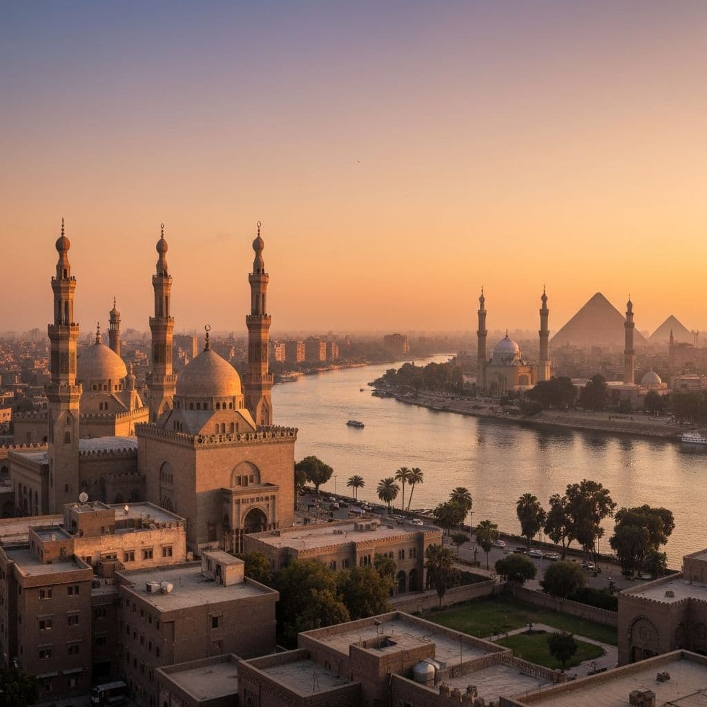 Cairo skyline overlooking the Nile River at sunset