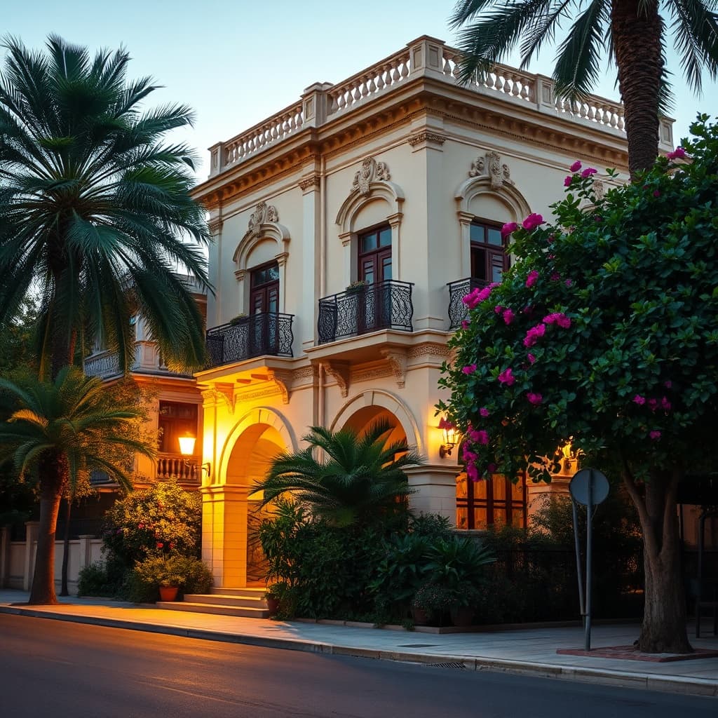 Historic villa exterior of a vacation home rental Heliopolis with Belle Époque architecture, balconies, and tropical gardens.