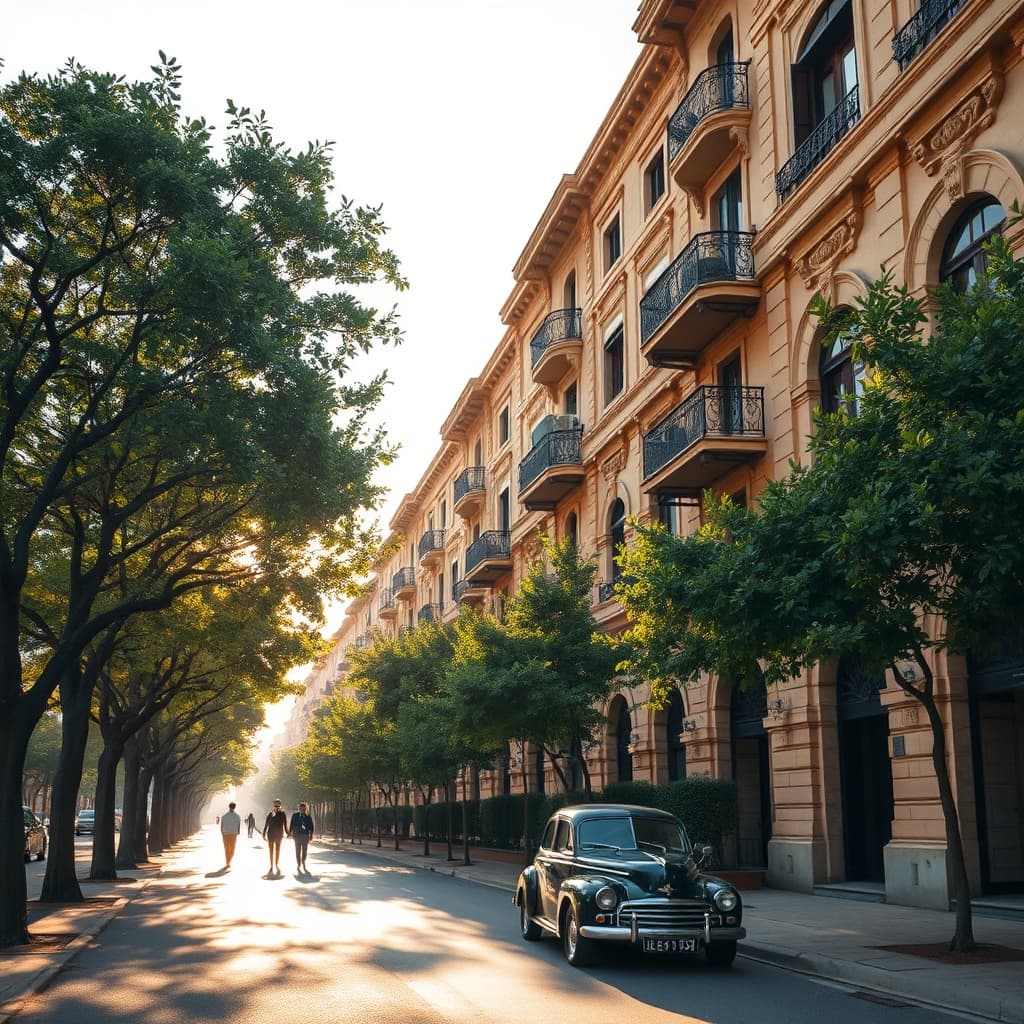 Rental Heliopolis historic Korba apartment building with ornate balconies and arched windows, surrounded by mature trees in a quiet Cairo street