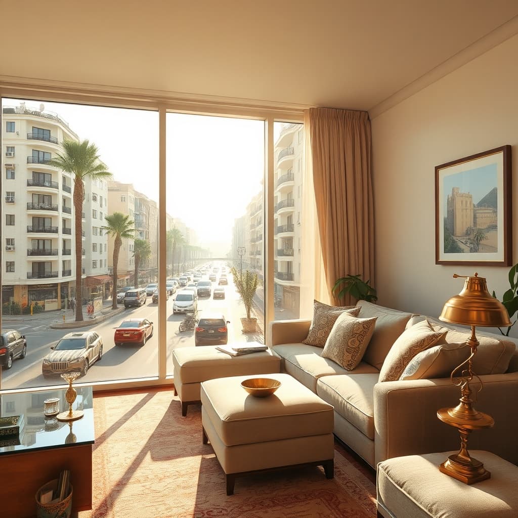 Sunlit living room in a furnished apartment for rent in Cairo, showing a comfortable couch, traditional decor, and large windows overlooking a bustling city street