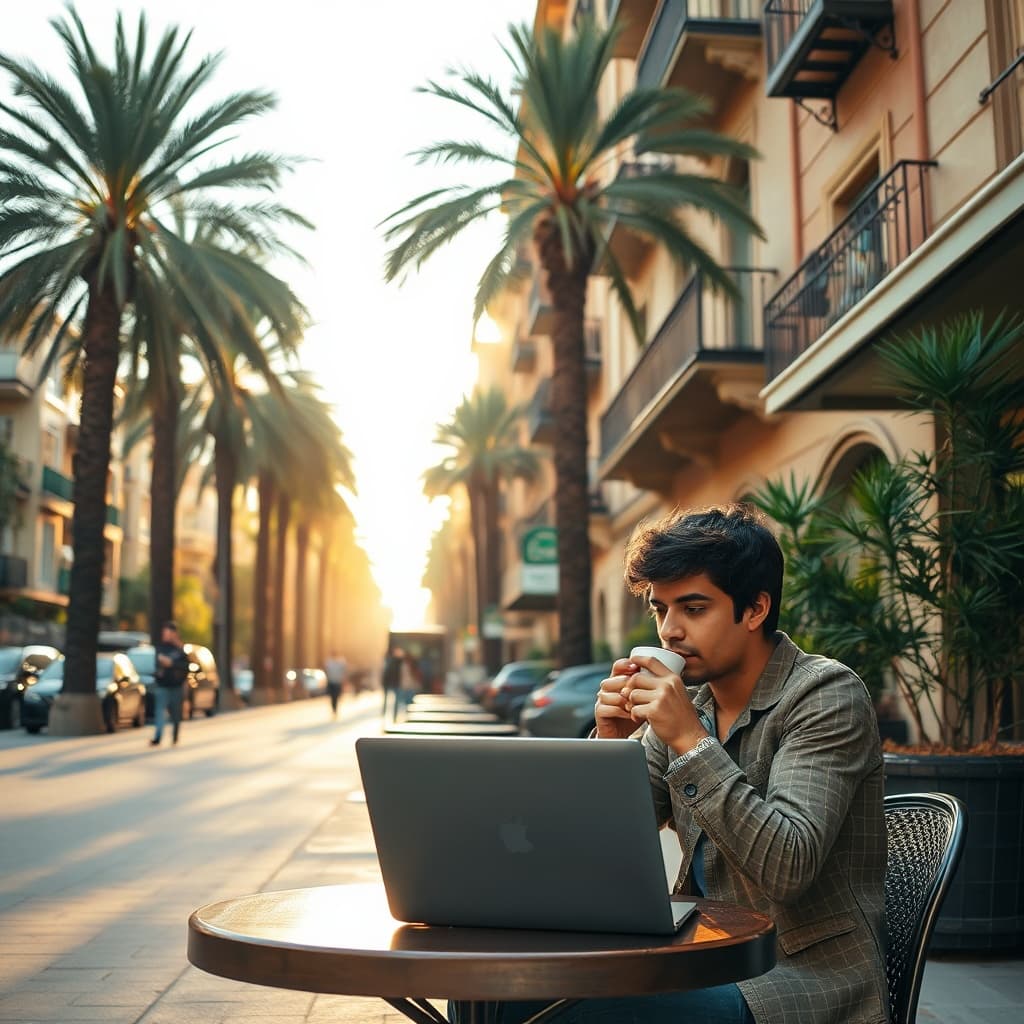 Digital nomad working from a cafe in Maadi, Cairo, surrounded by palm trees and residential buildings, showcasing a popular area for digital nomad housing Cairo