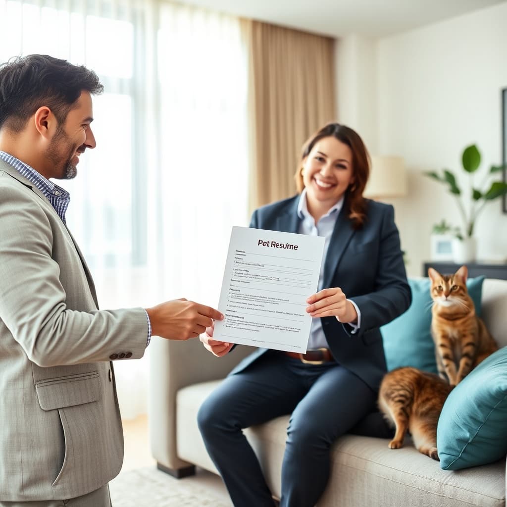 A tenant presenting a pet resume to a landlord in a bright Cairo apartment, a strategic step to secure pet-friendly rentals in Cairo with a higher deposit.