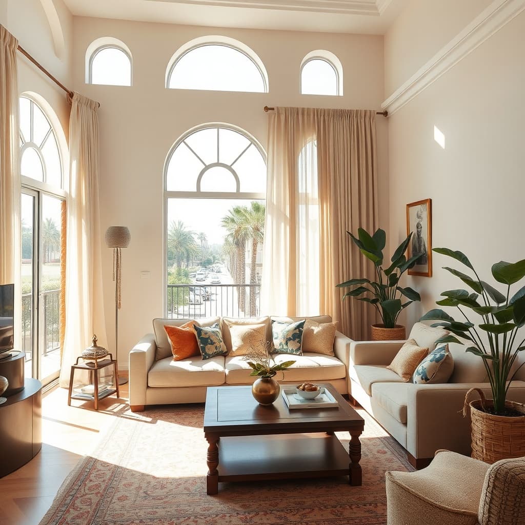 Spacious living room in a vacation home rental Heliopolis with elegant arched windows, modern furnishings, and classic Egyptian decor.