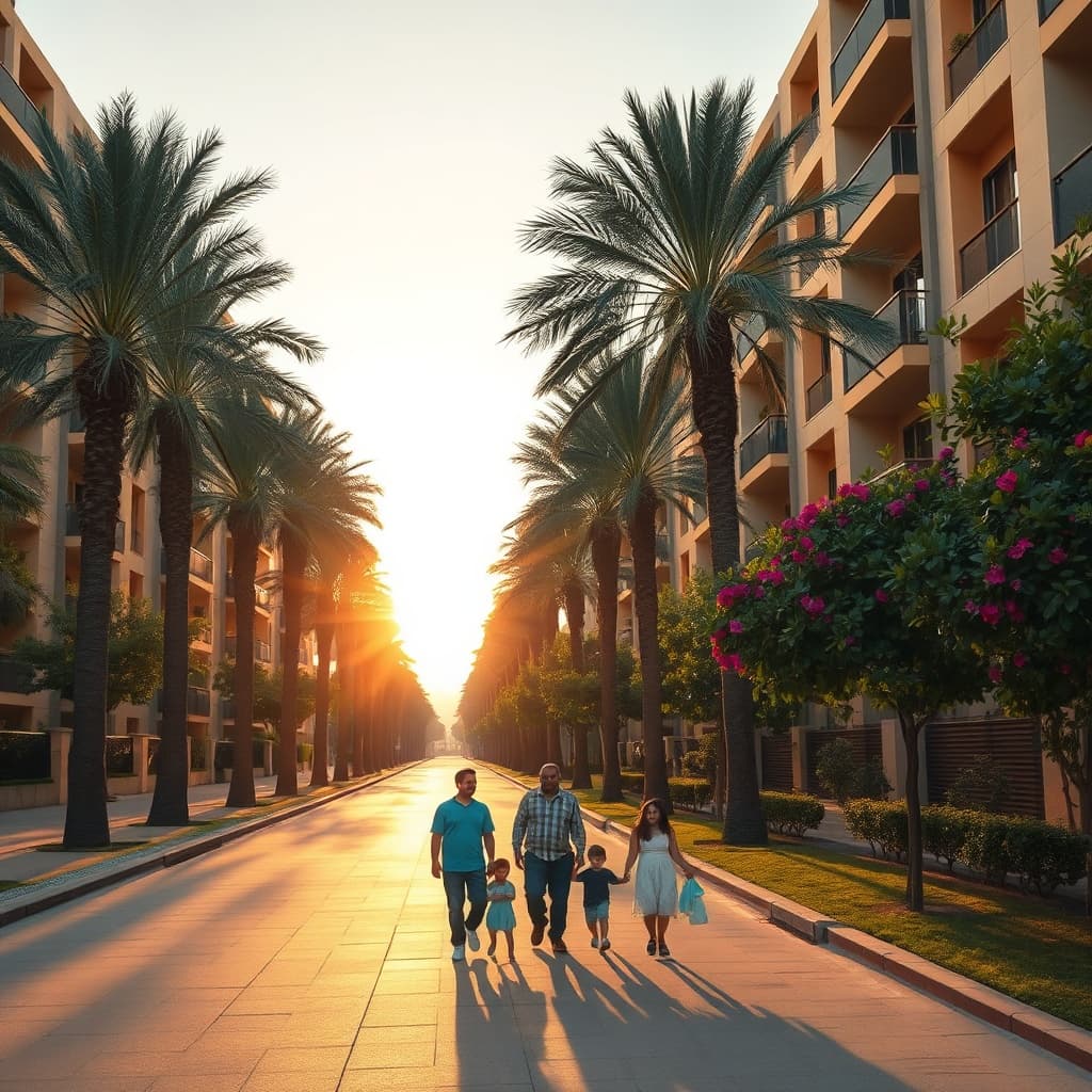 Heliopolis vs Zamalek best Cairo neighborhood for expats: spacious family-friendly residential street in Heliopolis with modern apartments, palm trees, and a family strolling in warm sunlight