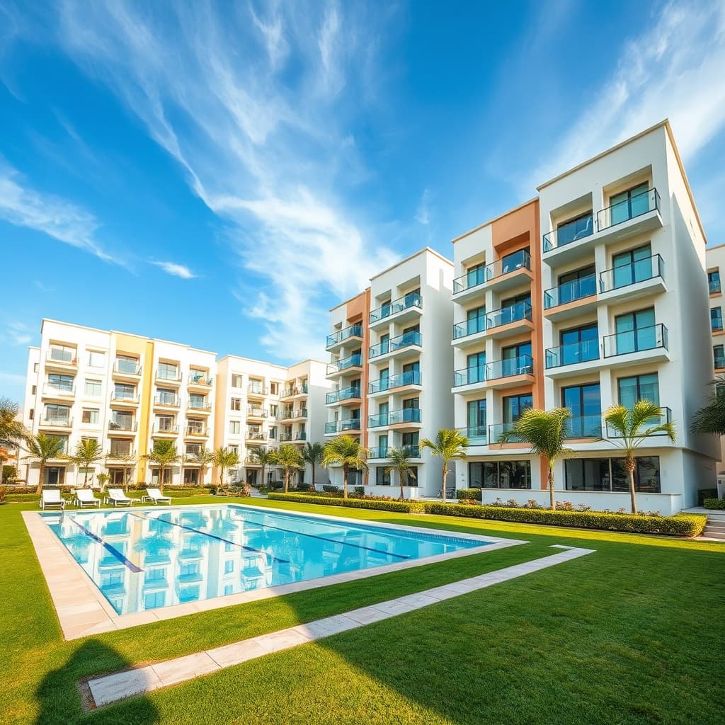 Modern rental Heliopolis compound near the airport with landscaped gardens, glass balconies, and a swimming pool