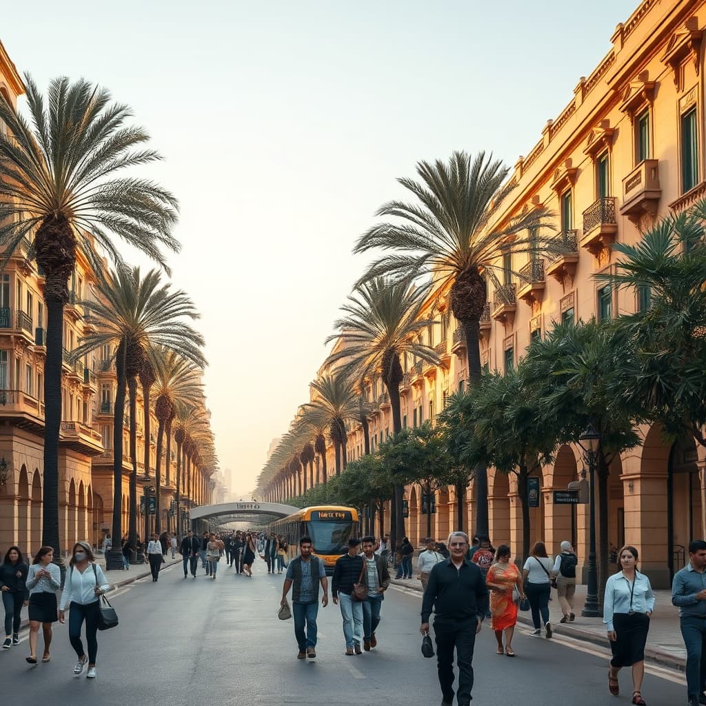 Heliopolis vs Maadi: vibrant Heliopolis boulevard with historic architecture, palm trees, and a metro station, showcasing the district's cosmopolitan urban energy and modern transport links