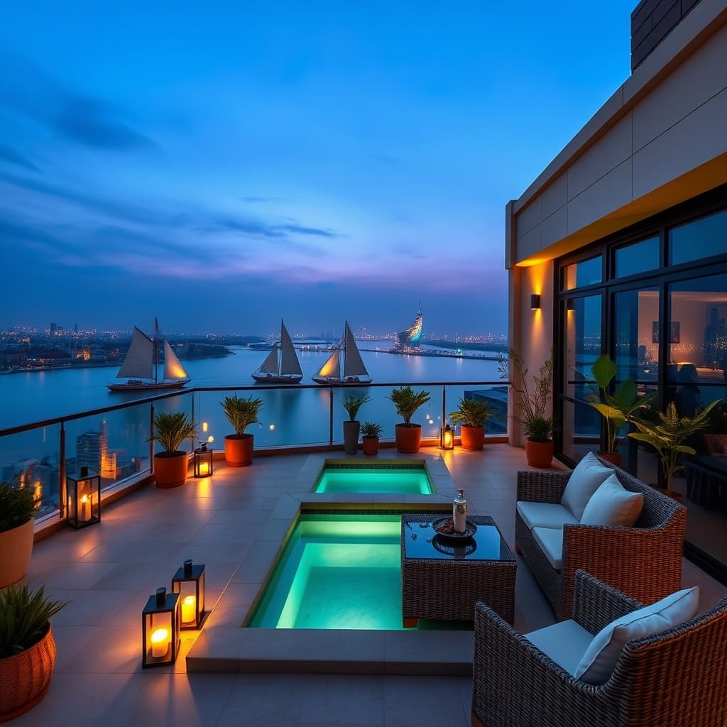 Luxury holiday home in Egypt with a designer penthouse terrace and plunge pool offering stunning Nile views in Cairo.