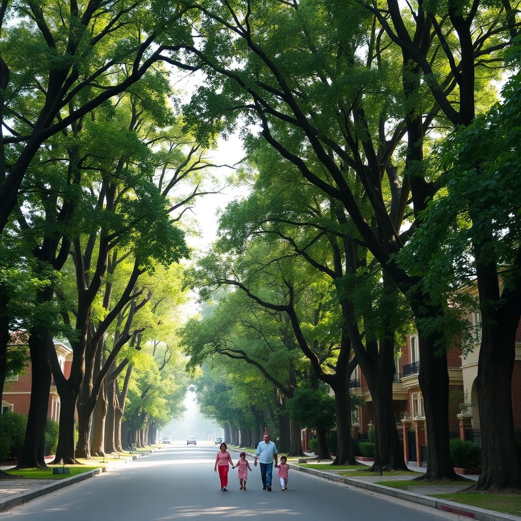 Heliopolis vs Maadi: peaceful Maadi street with leafy trees and villa compounds, ideal for families seeking a quiet, green suburban lifestyle with easy access to downtown Cairo