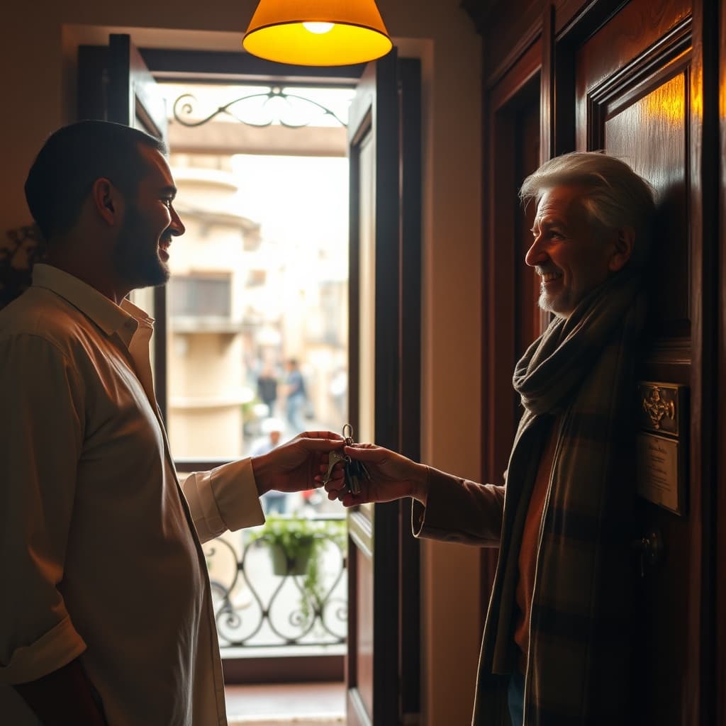 A friendly host hands keys to a guest at a Cairo apartment entrance, illustrating the personal check-in step in the Cairo vacation rental process.