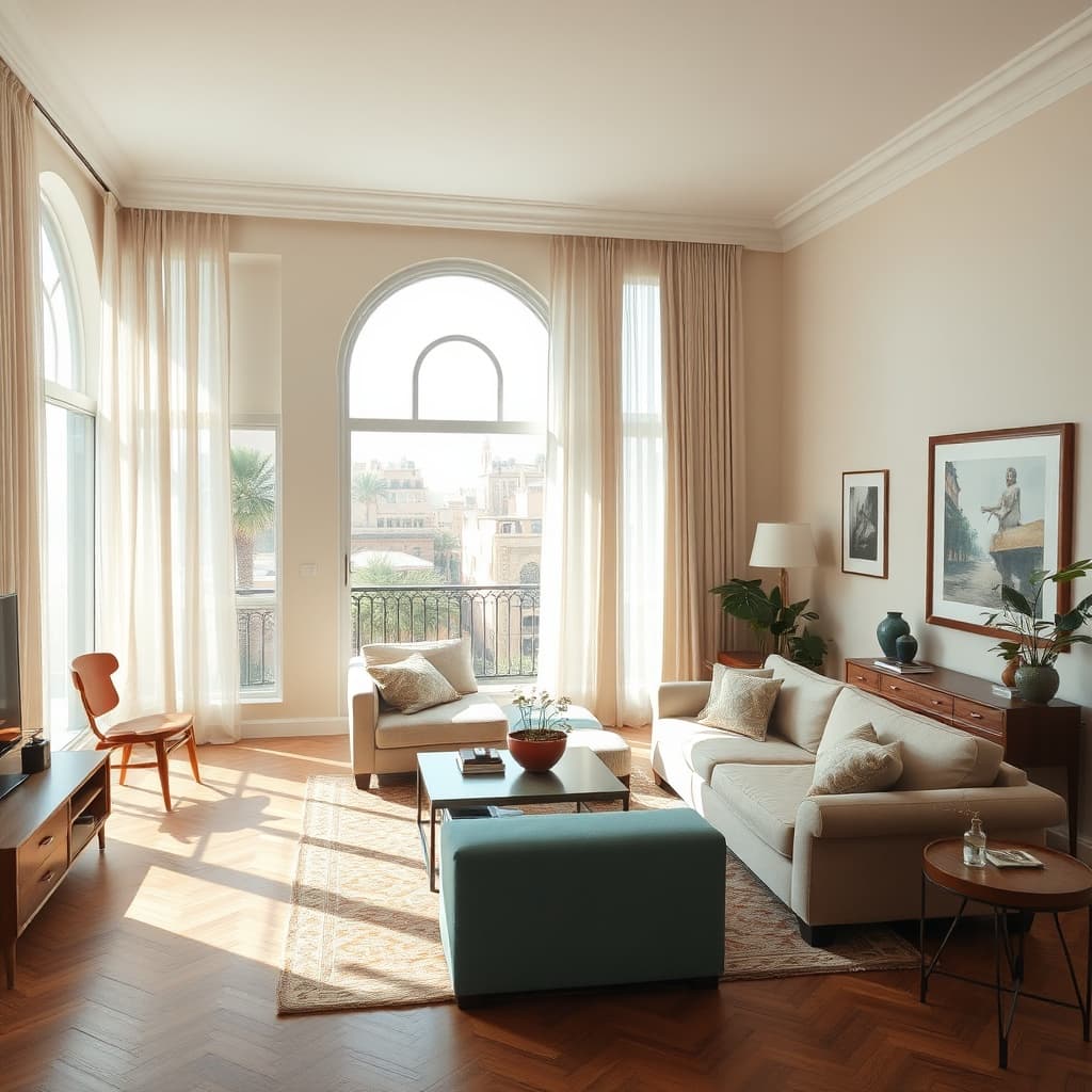 Furnished rental apartment interior in Heliopolis, Cairo, with high ceilings, wooden floors, and a bright living room — a common option when renting in Heliopolis.