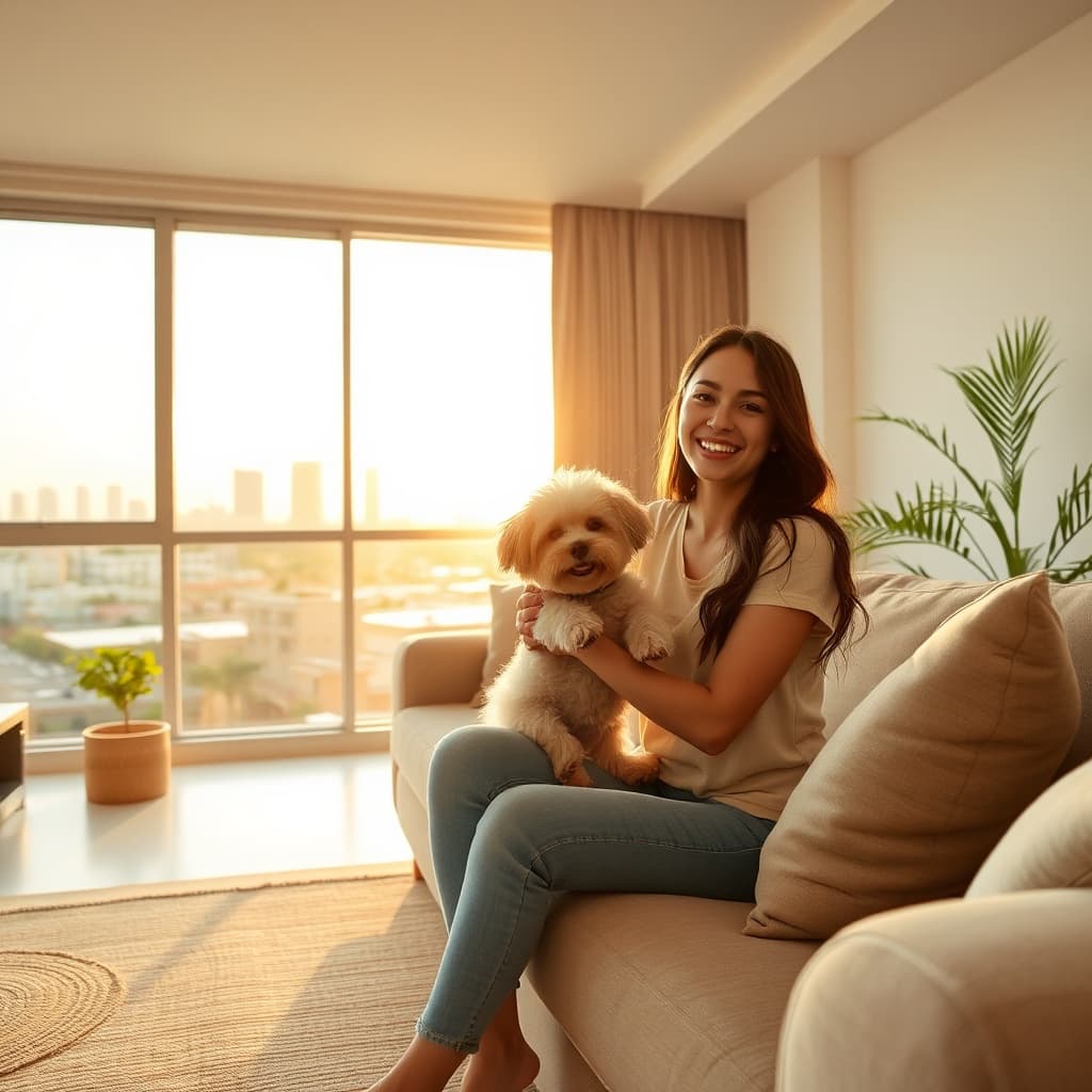 Happy dog owner relaxing with her pet in a pet friendly apartment in Cairo with modern interior and a view of the city skyline