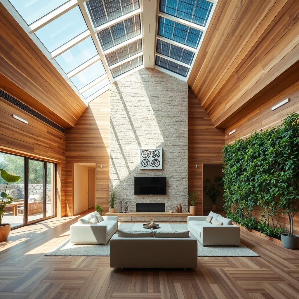 Best Interior Design Trends for Cairo Holiday Homes showcased in a modern eco-friendly living room with reclaimed wood, smart tech, and Egyptian motifs